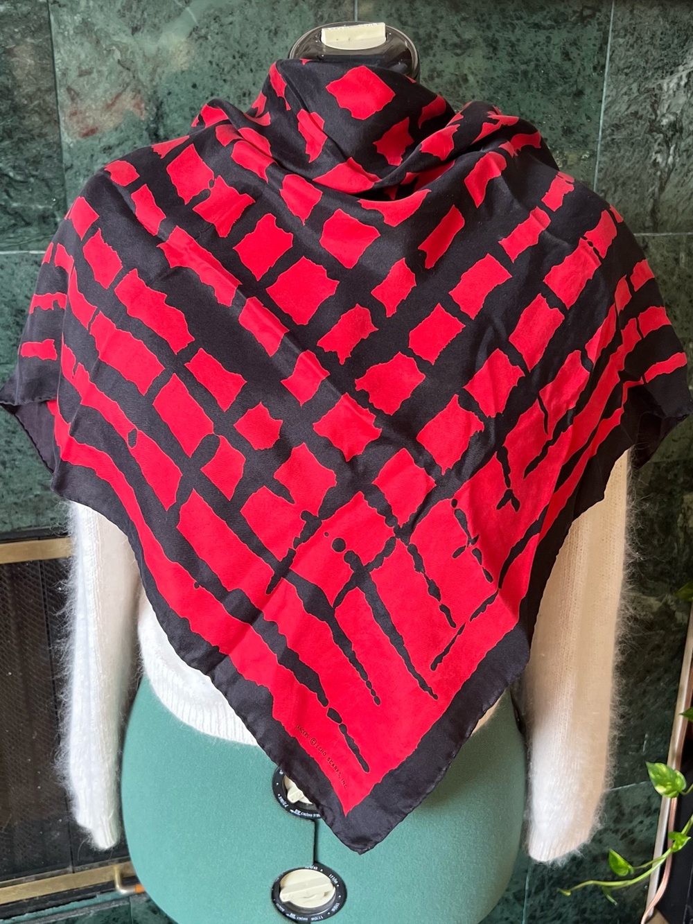 Echo Silk Twill Scarf Black & Red Striped Square Neck-wrap Made in Japan